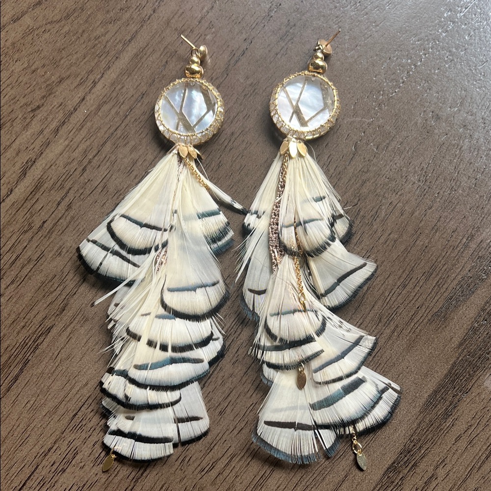 Elegant Gold and White Feather Earrings